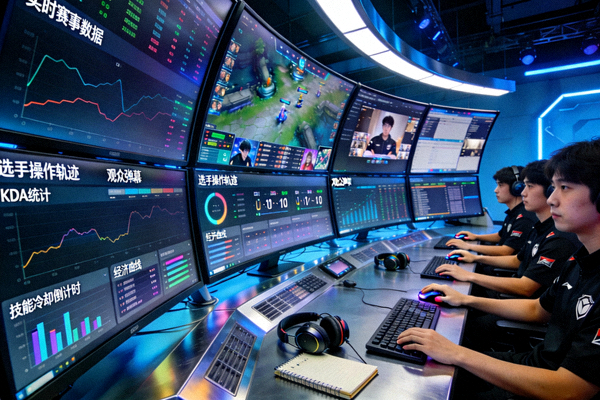 极速电竞团队工作环境 - 一个现代化的电竞数据监控中心，屏幕上显示着各种赛事数据和直播流